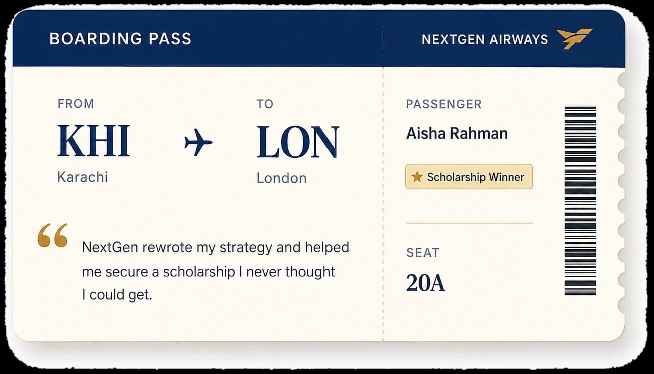 Boarding pass — Aisha Rahman, Karachi to London, Scholarship Winner, seat 20A
