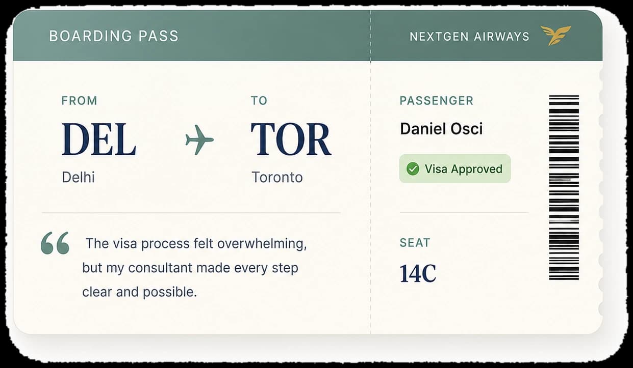 Boarding pass — Daniel Osci, Delhi to Toronto, Visa Approved, seat 14C