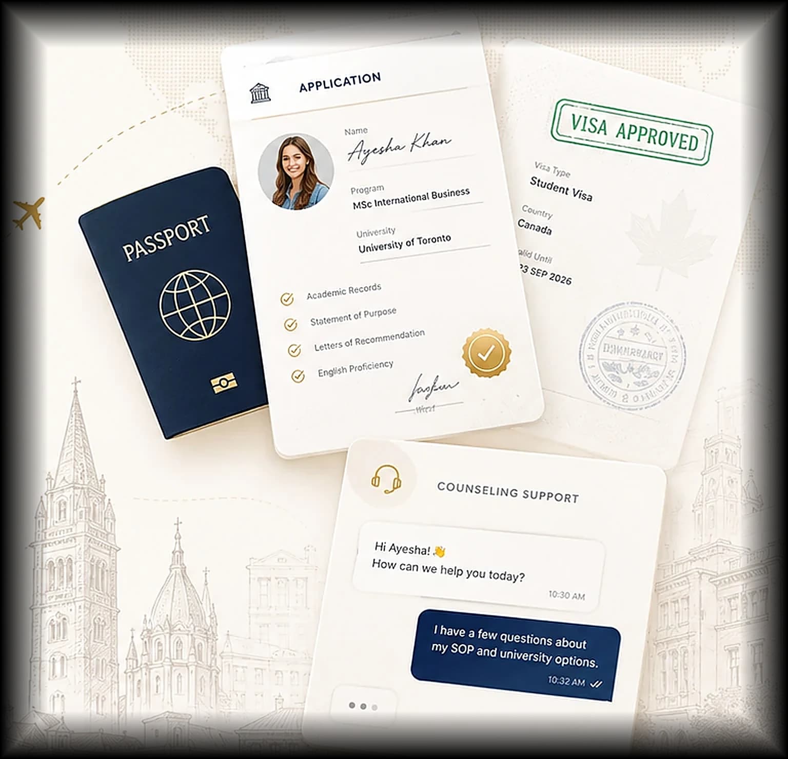 Passport, university application, approved student visa and counseling chat